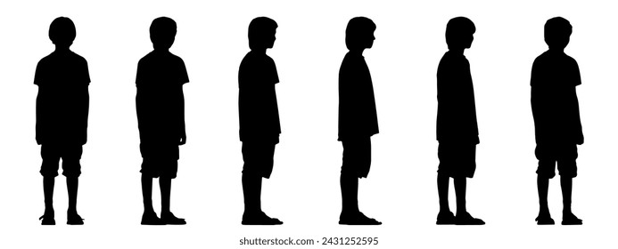 Vector concept or conceptual black silhouette of a child from different  perspectives isolated on white background. A metaphor for childhood,  free time, carefree, happiness, play and lifestyle