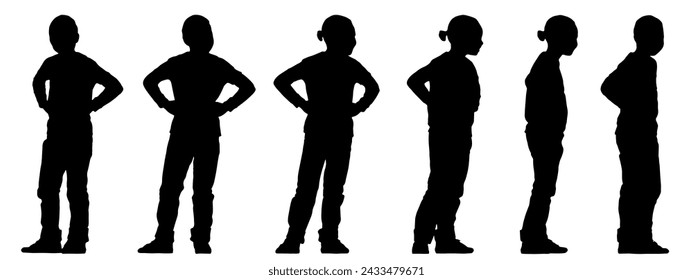 Vektor-Konzept konzeptuelle schwarze Silhouette eines Jungen aus verschiedenen Perspektiven isoliert auf weißem Hintergrund. Eine Metapher für Mode, Stil, Eleganz, Selbstvertrauen und Kindheit