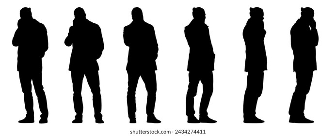 Vector concept conceptual black silhouette of man talking on the phone from different perspectives isolated on white background. A metaphor for communication, connection, leisure and lifestyle