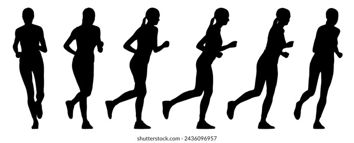 Vector concept conceptual black silhouette of a woman running from different  perspectives isolated on white background. A metaphor for sport, fitness, motivation, health, energy and lifestyle