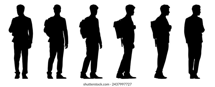 Vektor-Konzept Konzeptionelle schwarze Silhouette eines jungen Mannes mit einem Rucksack aus verschiedenen Perspektiven isoliert auf weißem Hintergrund. Eine Metapher für Jugend, Lernen, Bildung und Lebensstil