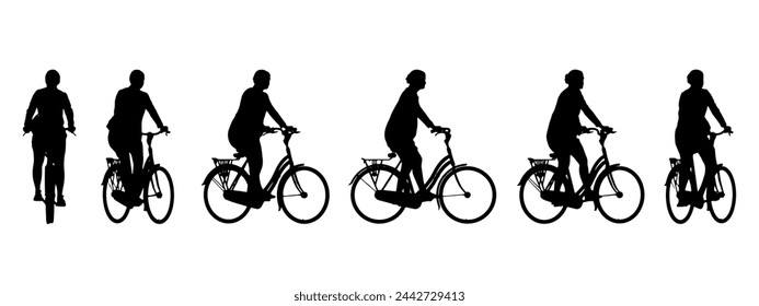 Vector concept conceptual black silhouette of a woman riding a bicycle from different perspectives isolated on white background. A metaphor for active, health, transport, leisure and lifestyle