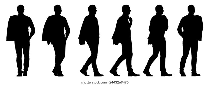 Vector concept conceptual black silhouette of a man with a jacket over his shoulder from different perspectives isolated on white background. A metaphor for casual, confidence, business and lifestyle