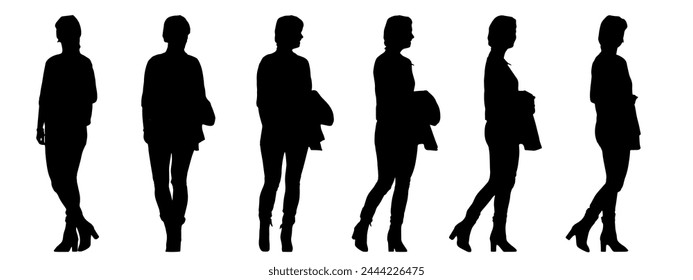 Vektorgrafik Konzept Konzeptionelle schwarze Silhouette einer Frau mit einer Jacke in der Hand aus verschiedenen Perspektiven isoliert auf weißem Hintergrund. Eine Metapher für Casual, Mode, Entspannung, Freizeit und Lifestyle
