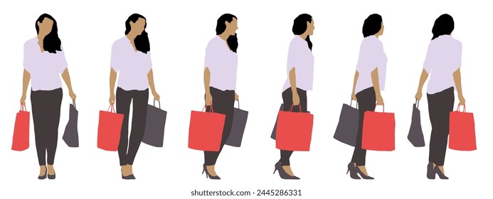 Vector concept conceptual black silhouette of a woman holding shopping bags  from different perspectives isolated on white background. A metaphor for shopping, business, leisure  and lifestyle