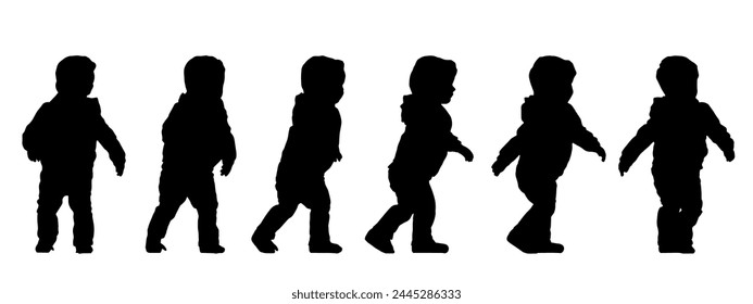 Concepto de Vector silueta negra conceptual de un niño pequeño caminando desde diferentes perspectivas aislado sobre fondo blanco. Una metáfora de curiosidad, diversión, infancia, familia, felicidad y amor 