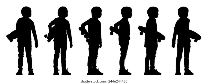 Vector concept conceptual black silhouette of a boy holding a skateboard in hands  from different perspectives isolated on white background. A metaphor for fun, playing and childhood