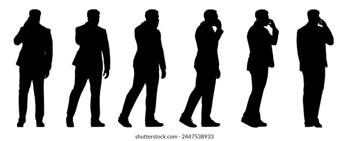 Konzeptionelle Vektorgrafik Konzeptionelle schwarze Silhouette des Menschen, der am Telefon aus verschiedenen Perspektiven auf weißem Hintergrund spricht. Eine Metapher für Kommunikation, Verbindung, Freizeit und Lifestyle