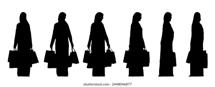 Vector concept conceptual black silhouette of a religious woman holding shopping bags from different perspectives isolated on white. A metaphor for care, necessities, spirituality and lifestyle