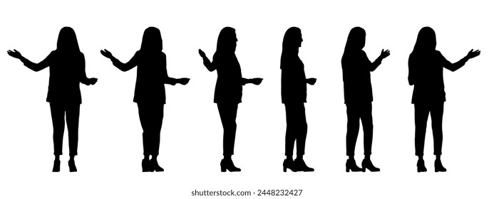 Vektorgrafik Konzept Konzept Konzept Schwarz Silhouette einer Geschäftsfrau macht eine Präsentation aus verschiedenen Perspektiven isoliert auf Weiß. Eine Metapher für Vertrauen, Führung, Geschäft, Kompetenz, Vision