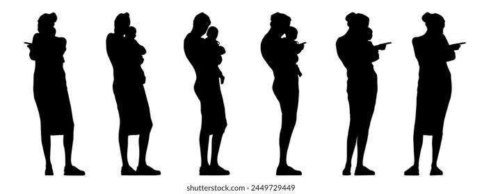 Vektorgrafik Konzept Konzept Konzept Schwarze Silhouette einer Mutter, die ein Kind aus verschiedenen Perspektiven isoliert auf Weiß hält. Eine Metapher für Mutterschaft, Elternschaft, Liebe, Unschuld, Familie und Liebe