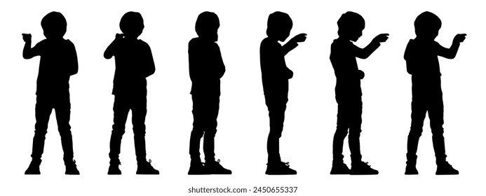 Vector concept or conceptual black silhouette of a child from different  perspectives isolated on white background. A metaphor for childhood,  free time, carefree, happiness, play and lifestyle