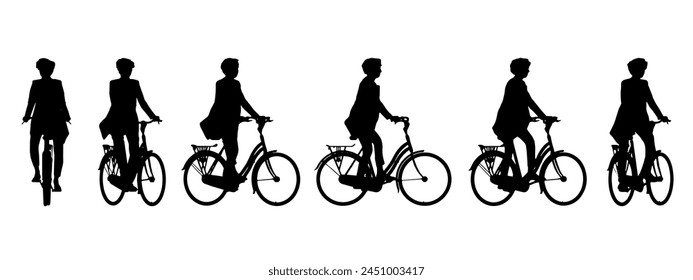 Concepto de Vector o silueta negra conceptual de una mujer montando una bicicleta desde diferentes perspectivas aisladas sobre fondo blanco. Una metáfora de la salud, la forma física, el trabajo, el ocio y el estilo de vida