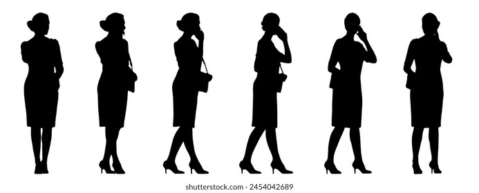 Vector concept conceptual black silhouette of an elegant woman talking on the phone from different perspectives isolated on white. A metaphor for casual, fashion, relaxation, leisure and lifestyle
