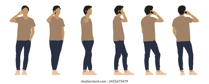 Konzeptionelle Vektorgrafik Konzept Schwarze Silhouette eines jungen Mannes, der aus verschiedenen Perspektiven auf weißem Hintergrund telefoniert. Eine Metapher für Kommunikation, Verbindung, Freizeit und Lifestyle