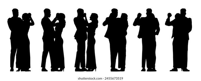 Vector concept conceptual black silhouette of a couple dancing  from different perspectives isolated on white background. A metaphor for  relaxation, leisure, party, entertainment and lifestyle