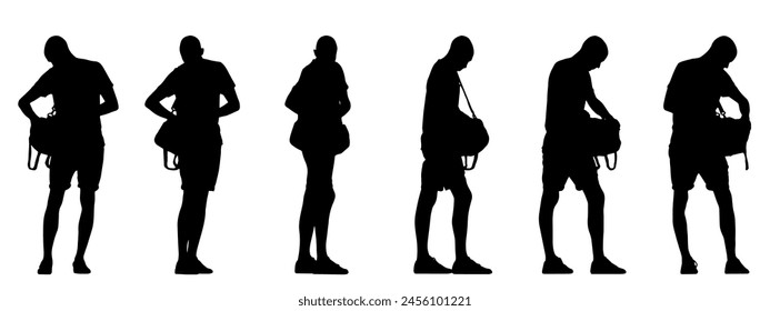 Vektorgrafik Konzept Konzept Konzeptionelle schwarze Silhouette eines Mannes mit einer Reisetasche aus verschiedenen Perspektiven isoliert auf weißem Hintergrund. Eine Metapher für Sport, Fitness, Reisen und aktiven Lebensstil