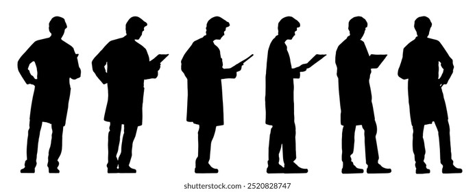 Vector concept conceptual black silhouette of a man reading a newspaper from different perspectives isolated on white background. A metaphor for business, information, culture, leisure and  lifestyle 