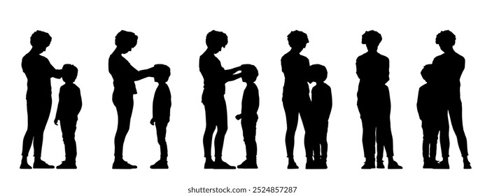 Vector concept conceptual black silhouette of a mother with her son from different perspectives isolated on white. A metaphor for parenting, motherhood, connection, childhood, family and love