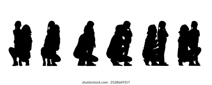 Vector concept conceptual black silhouette of a mother playing with her daughter from different perspectives isolated on white. A metaphor for parenting, motherhood, childhood, family and love