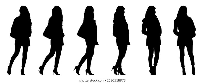 Vector concept conceptual black silhouette of a woman with a bag from different perspectives isolated on white background. A metaphor for casual, fashion, relaxation, leisure and lifestyle