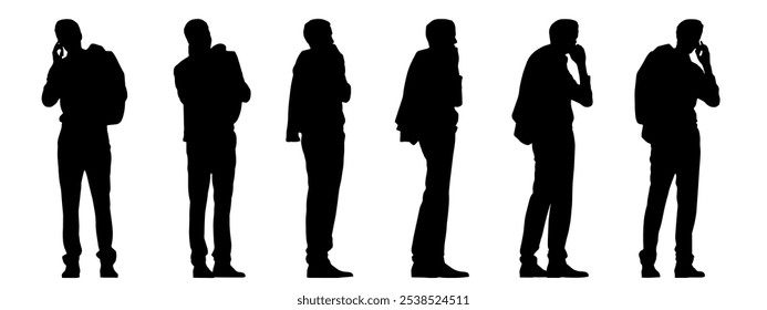 Vector concept conceptual black silhouette of a man on the phone with a jacket over his shoulder from different perspectives isolated. A metaphor for casual, confidence, business and lifestyle