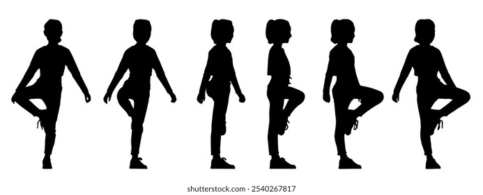 Vector concept conceptual black silhouette of a little girl dancing from different perspectives isolated on white background. A metaphor for sport, practice, beauty,  grace and perseverance 