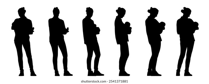 Vector concept conceptual black silhouette of a woman baby in her arms from different perspectives isolated on white background. A metaphor for motherhood, love and care, family, and lifestyle