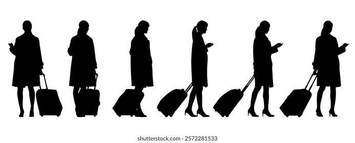 Vector concept conceptual black silhouette of a woman with trolley standing from different perspectives isolated on white background. A metaphor for travelling, vacation, business and lifestyle