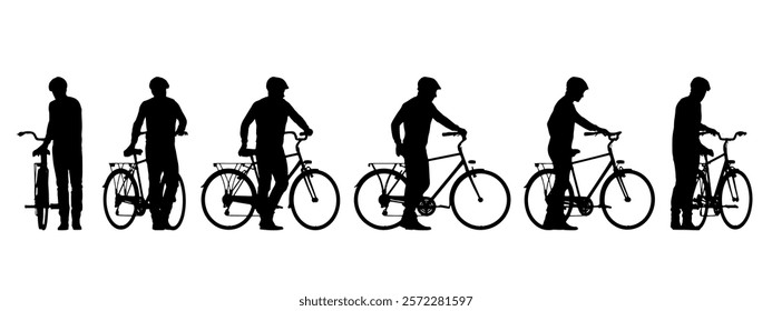 Vector concept conceptual black silhouette of a man riding a bicycle from different perspectives isolated on white background. A metaphor for sport, fitness, competition, health, leisure and lifestyle