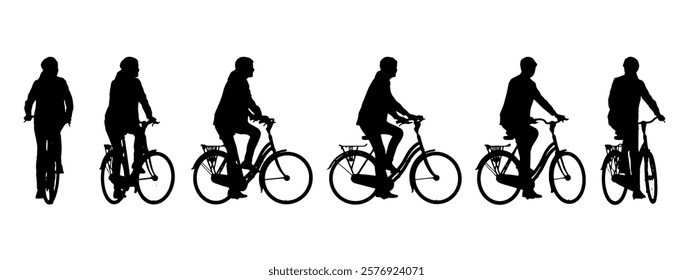 Vector concept or conceptual black silhouette of a woman riding a bicycle from different perspectives isolated on white background. A metaphor for health, fitness, work, leisure and lifestyle