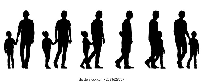 Vector concept conceptual black silhouette of a father  holding his daughter by the hand from different perspectives isolated on white. A metaphor for parenting, fatherhood, childhood, family and love