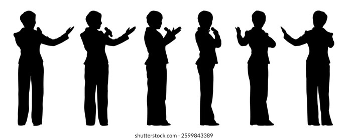 Vector concept conceptual black silhouette of a female singer from different perspectives isolated on white background. A metaphor for music, art, beauty, entertainment and lifestyle