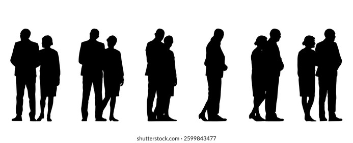 Vector concept conceptual black silhouette of an elderly couple walking, from different perspectives isolated on white background. A metaphor for love, relationship, lifetime, peace and lifestyle