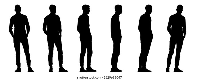 Vector concept or conceptual black silhouette of a young man from different perspectives isolated on white background. A metaphor for fashion, relaxation, confidence, leisure and lifestyle