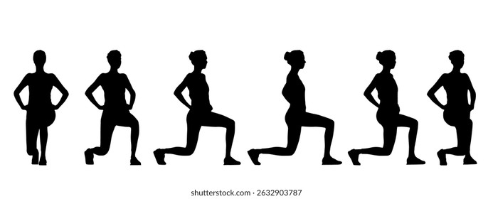 Vector concept conceptual black silhouette of a woman doing fitness exercises from different perspectives isolated on white background. A metaphor for active, health, self-care, wellness and lifestyle
