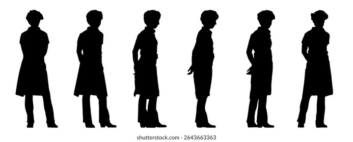 Vector concept or conceptual black silhouette of a male waiter from different perspectives isolated on white background. A metaphor for working, business, relaxation and lifestyle