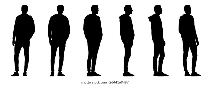  Vector concept conceptual black silhouette of an young man walking from different perspectives isolated on white. A metaphor for casual, fashion, relaxation, leisure and lifestyle 