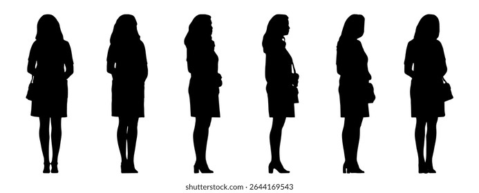 Vector concept conceptual black silhouette of a woman with a bag from different perspectives isolated on white background. A metaphor for casual, fashion, relaxation, leisure and lifestyle