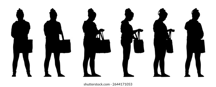 Vector concept conceptual black silhouette of a woman with a bag from different perspectives isolated on white background. A metaphor for casual, fashion, relaxation, leisure and lifestyle