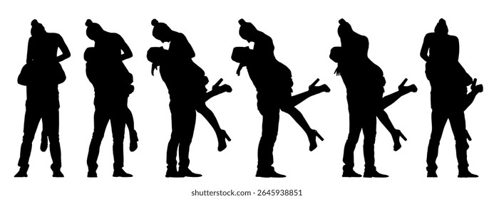 Vetor conceito de silhueta preta conceitual de um casal abraçando de diferentes perspectivas isoladas no fundo branco. Uma metáfora para o amor, felicidade, relacionamento, casamento e estilo de vida