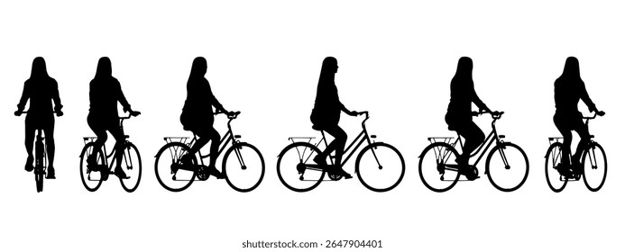 Vector concept conceptual black silhouette of a woman riding a bicycle from different perspectives isolated on white background. A metaphor for sport, fitness, health, transport, leisure and lifestyle