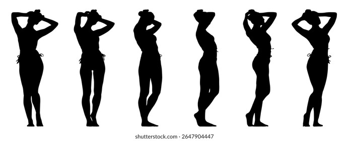 Concepto de Vector conceptual silueta negra de una mujer en un traje de baño desde diferentes perspectivas aisladas sobre fondo blanco.  Una metáfora de belleza, seducción, fitness, salud y estilo de vida
