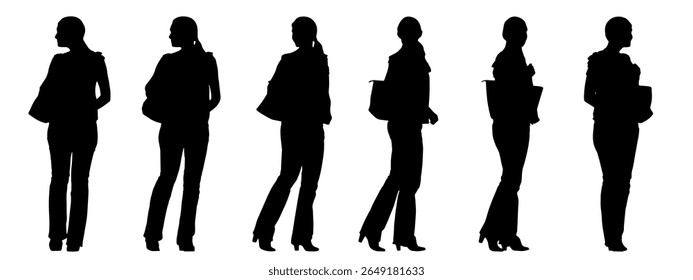 Vector concept conceptual black silhouette of a woman with a handbag from different perspectives isolated on white background. A metaphor for shopping, leisure  and lifestyle