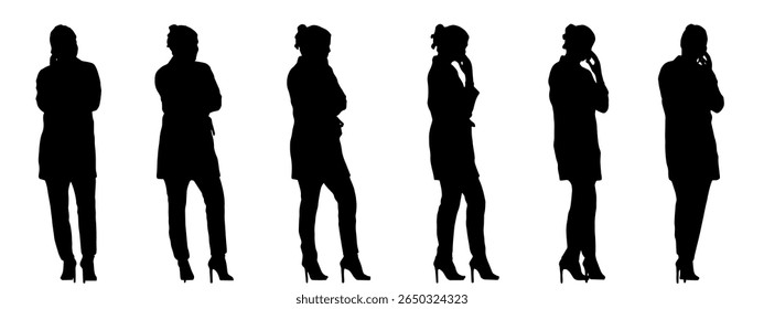 Vetor conceito conceitual silhueta preta de uma jovem mulher falando no telefone de diferentes perspectivas isoladas no branco. Uma metáfora para casual, moda, relaxamento, lazer e estilo de vida