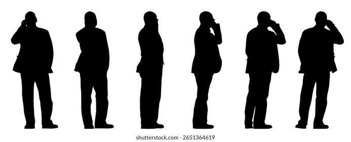 Vetor conceito conceitual silhueta preta de um homem falando no telefone de diferentes perspectivas isoladas no fundo branco. Uma metáfora para comunicação, conexão, lazer e estilo de vida