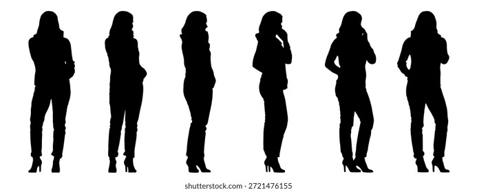 Silhueta preta conceitual do conceito do vetor de uma mulher com um saco de perspectivas diferentes isoladas no fundo branco. Uma metáfora para casual, moda, relaxamento, lazer e estilo de vida