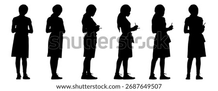 Vector concept conceptual black silhouette of a female waiter taking an order  from different perspectives isolated on white background. A metaphor for working, business, relaxation and lifestyle