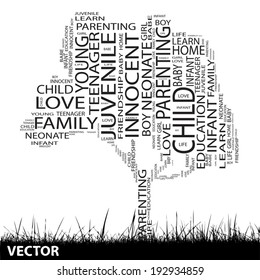 Vector concept or conceptual black text word cloud or tagcloud as a tree isolated on white background as a metaphor for child, family, education, life, home, love and school learn or achievement