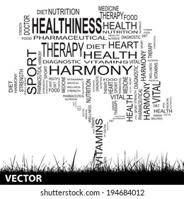 Vector concept or conceptual black text word cloud as tree and grass isolated on white background, metaphor for health, nutrition, diet, wellness, body, energy, medical, sport, heart or science